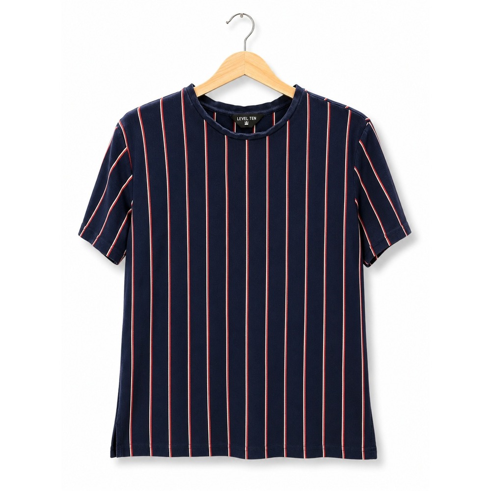 Level Ten Mens Navy Vertical Stripe Crewneck T-Shirt Size‎ Small Red White Blue